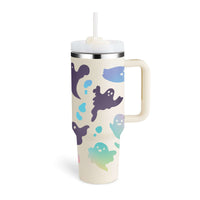 40oz insulated tumbler with handle and straw, featuring a high-grade stainless steel construction with colorful ghost design.