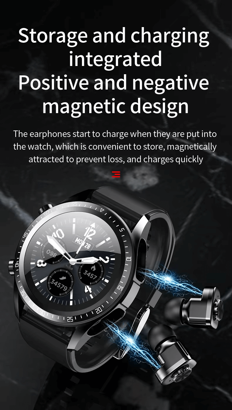 Smartwatch with detachable earbuds featuring integrated storage, magnetic design, fitness tracking, and music playback.