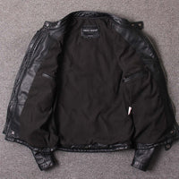 Inside view of black genuine leather jacket for men showing lining and pockets