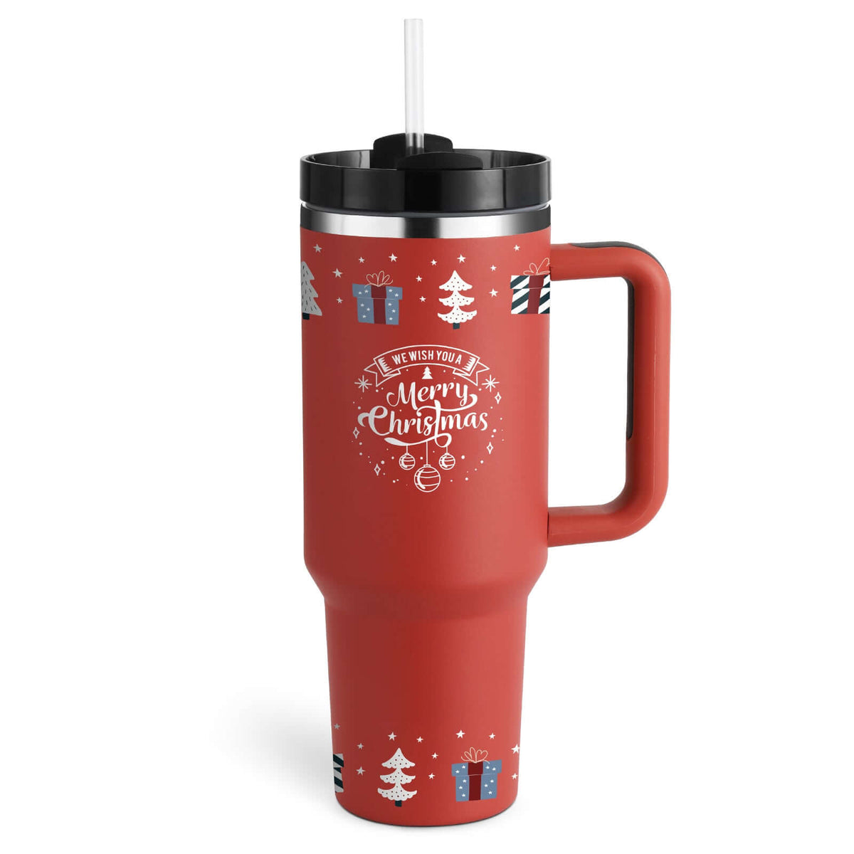 Red 40 Oz Insulated Tumbler With Handle and Straw, Merry Christmas Design