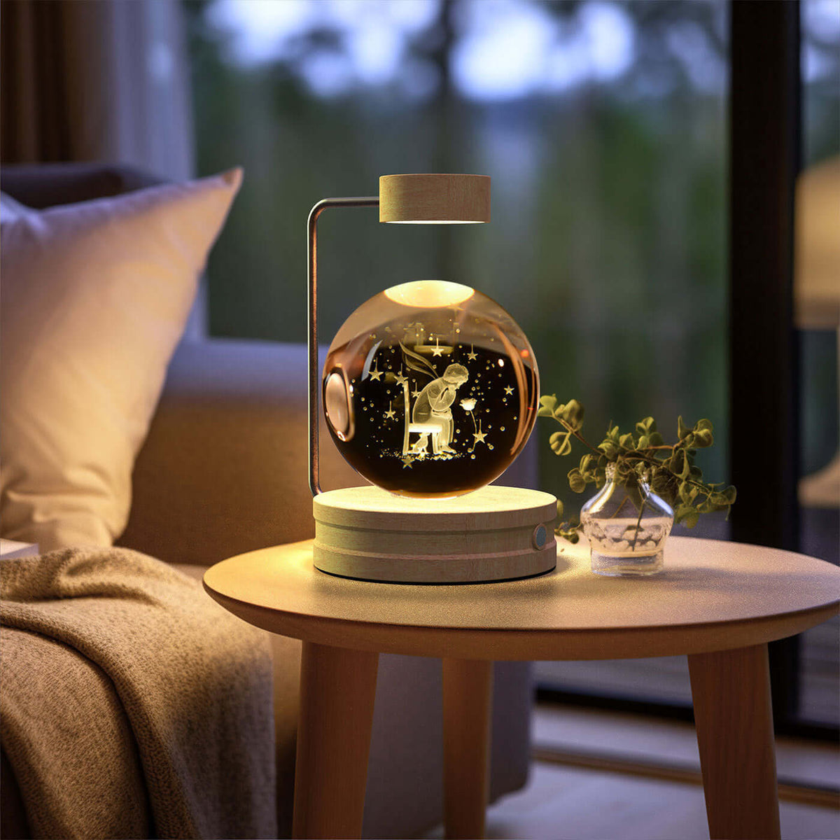 Crystal Ball Cosmic Dinosaur Indoor Night Light on a bedside table, creating a warm and romantic atmosphere with its enchanting 3D design.