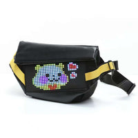 Programmable LED display on black bag showing colorful cartoon character with hearts.