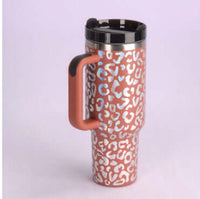 40 Oz Insulated Tumbler With Handle and Straw, Stylish Pink Leopard Print Design, Premium Quality Stainless Steel for Hot and Cold Beverages