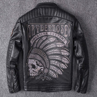 Men's black leather stand collar motorcycle jacket with skull and feather pattern, European and American style, back view