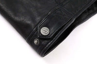 Close-up of Men's Slim-fit Motorcycle Goatskin Leather Jacket in black cowhide with zipper decoration