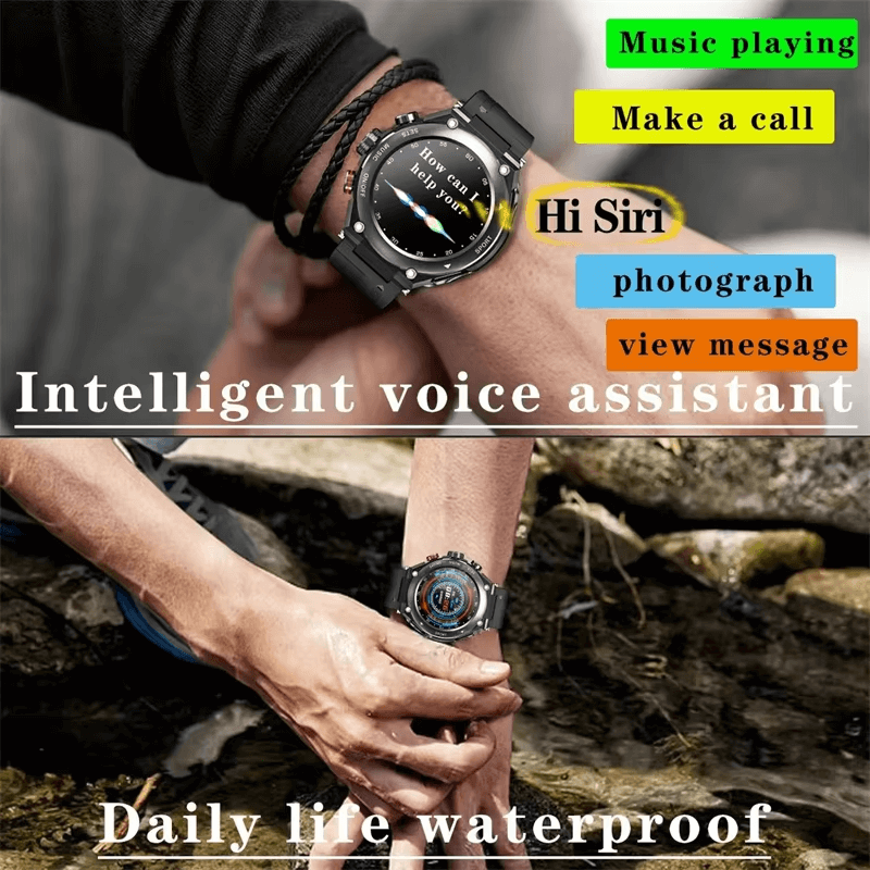 Smartwatch with detachable earbuds showing features like music playback, voice assistant, waterproof, and call functions.