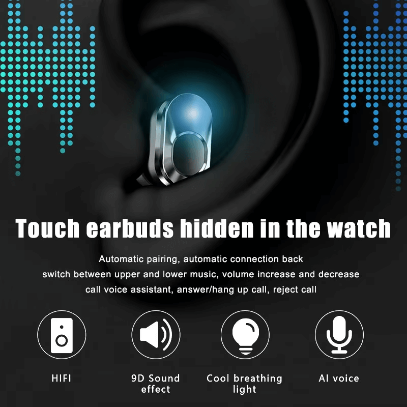 Detachable earbuds from T92 Smartwatch featuring HiFi sound, 9D sound effects, cool breathing light, and AI voice capabilities.