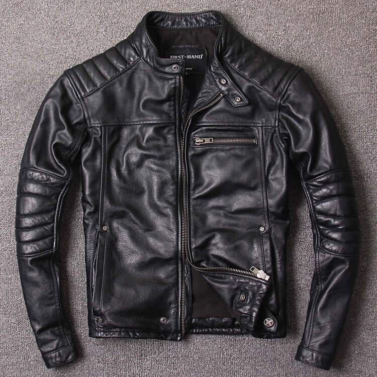 Black washed stand-up collar slim fit trendy leather jacket for men made from genuine leather, suitable for spring and autumn.