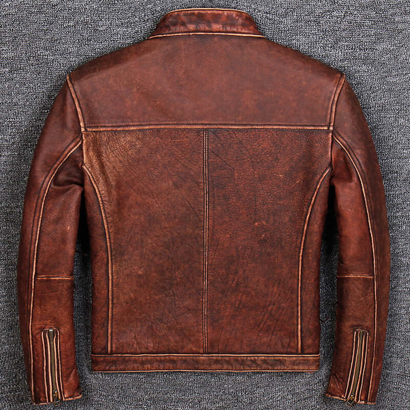 Brown Real Cow Leather Jacket with Stand-Up Collar and Side Seam Pockets - Back View