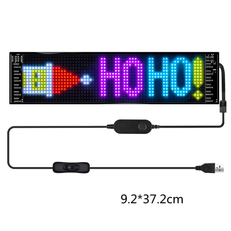 Programmable Car LED Sign with colorful text display showing "HO HO!" and USB connection, dimensions 9.2*37.2cm.