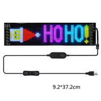 Programmable Car LED Sign with colorful text display showing "HO HO!" and USB connection, dimensions 9.2*37.2cm.