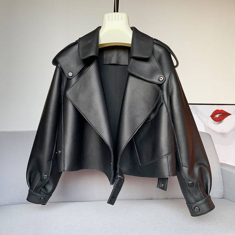 Female Sheepskin Loose Biker Jacket in black hanging on a hanger showing its high-quality leather and stylish OL commuter design