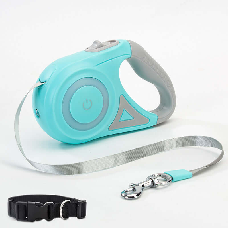 Retractable dog leash with handle and matching dog collar for small to medium pets, automatic telescopic design, light blue.