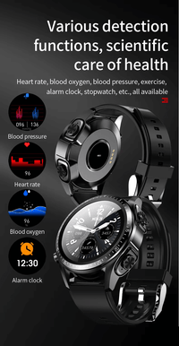 Smartwatch displaying health detection features such as heart rate, blood oxygen, blood pressure, exercise, alarm clock, stopwatch.