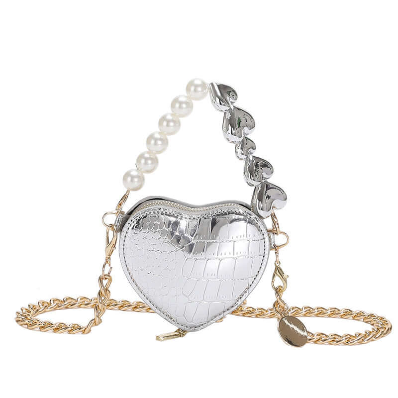 Mini Love-Shape Pearls Handbag - Heart-shaped silver handbag with pearl and heart chain detailing, perfect for adding playful style