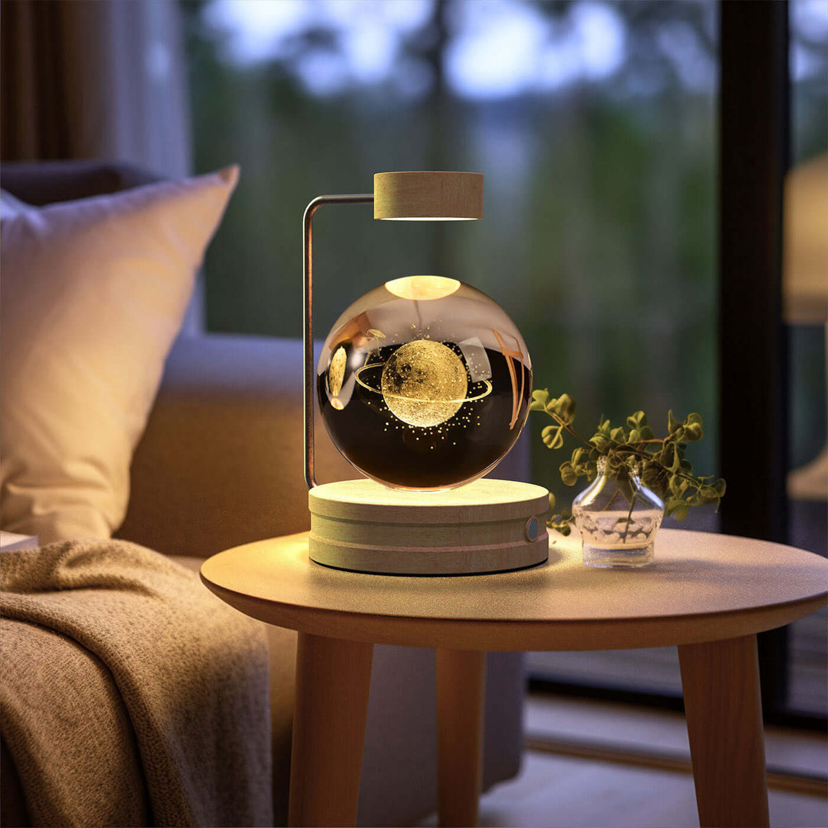 Crystal Ball Cosmic Dinosaur Indoor Night Light illuminating a bedside table, creating a warm and cozy atmosphere for any room.