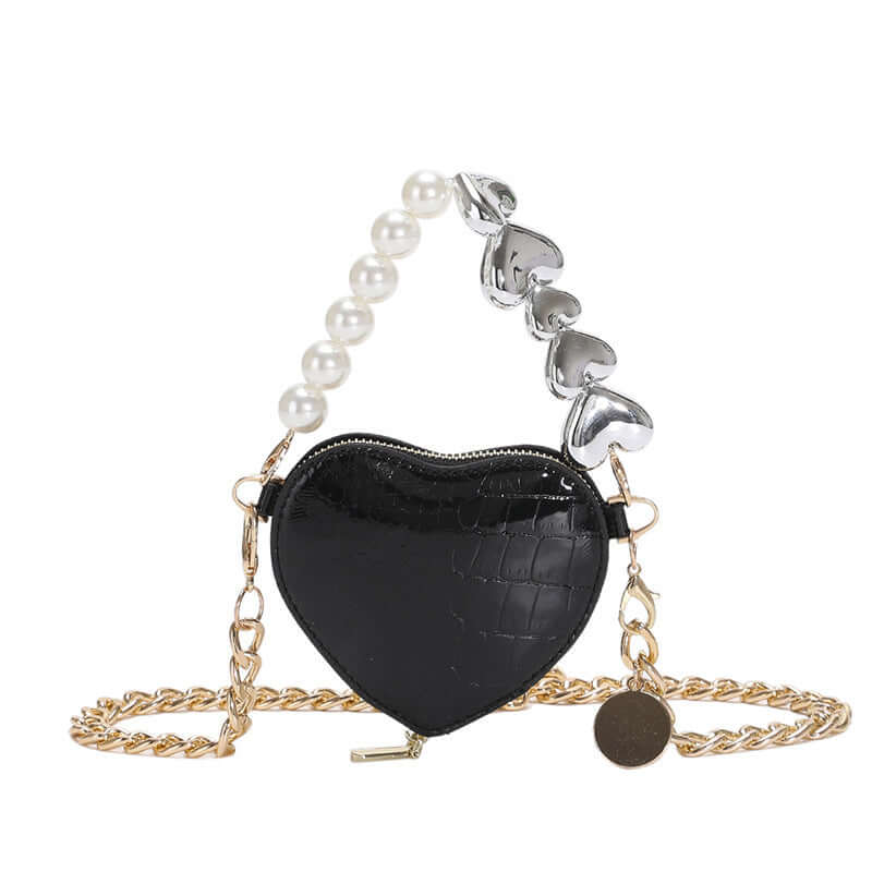 Mini Love-Shape Pearls Handbag in black with pearl and heart-adorned strap, designed for playful style and functionality