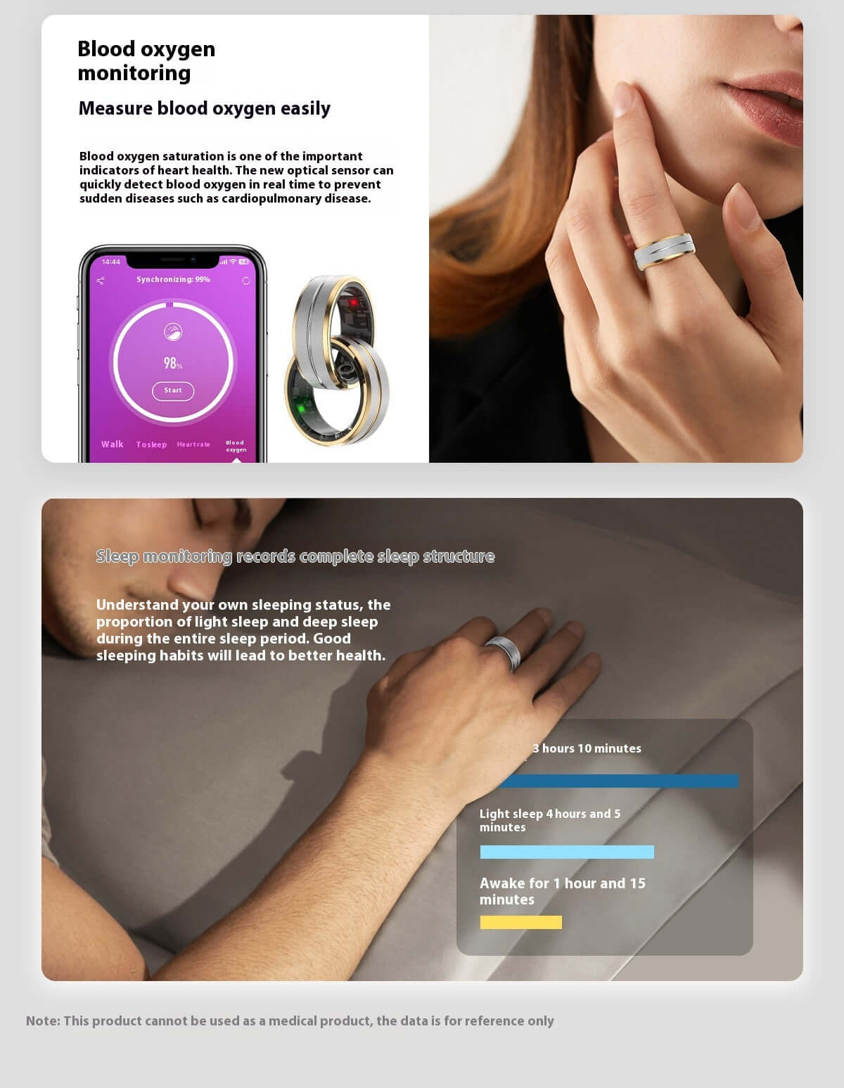 Person wearing 2024 Smart Ring showcasing blood oxygen monitoring and sleep tracking features with app interface.