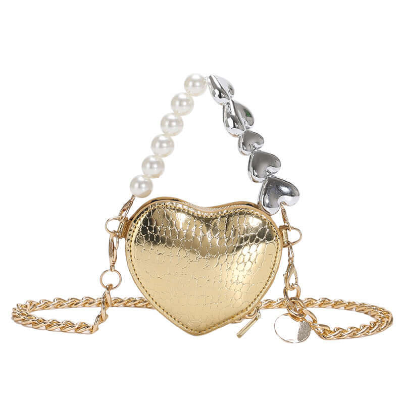 Mini Love-Shape Pearls Handbag in gold with heart design, blending playful style and functionality, perfect for carrying essentials.