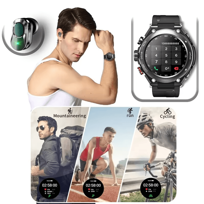 Smartwatch with detachable earbuds, man wearing T92 smartwatch and demonstrating fitness features like mountaineering, running, cycling.