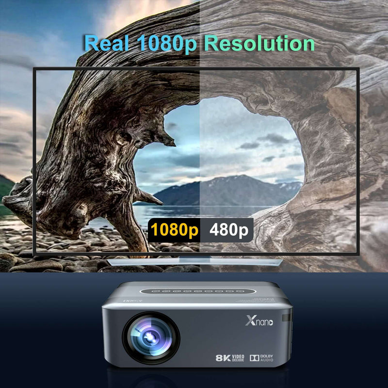 Ultra HD 8K Decoding Wireless Projector showcasing stunning 1080p resolution compared to 480p with vibrant colors and immersive visuals.