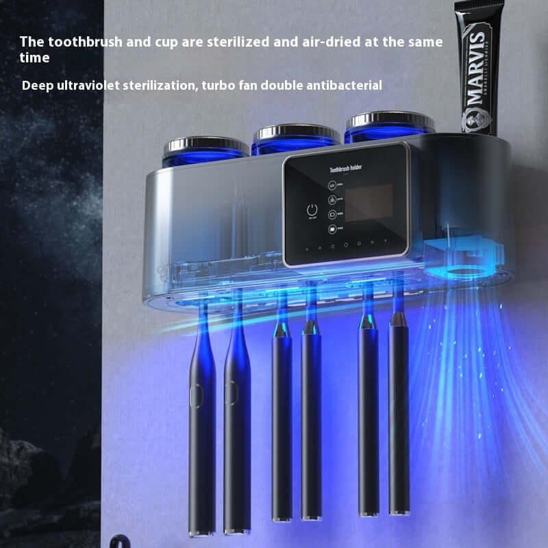 Intelligent Drying Toothbrush Sterilizer Storage UV displaying toothbrushes being sterilized with deep ultraviolet technology.