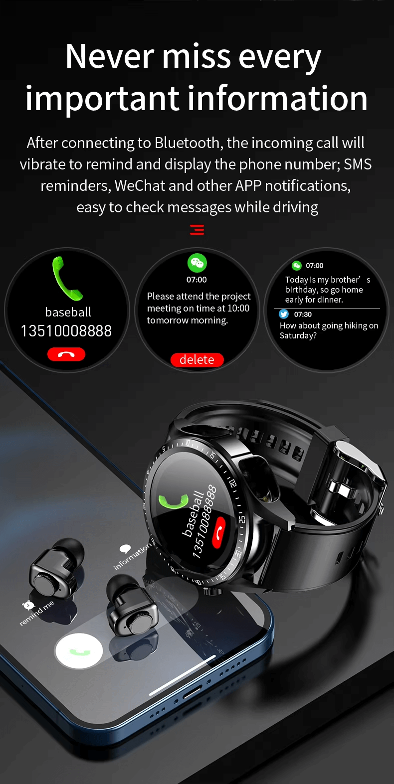 T92 Smartwatch with Detachable Earbuds showcasing call and message notifications on a smartphone display.