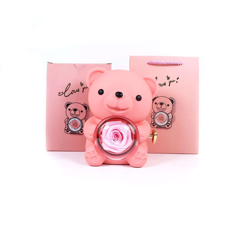 Everlasting Love: Eternal Rose Bear with Rotating Jewelry Box