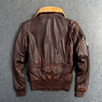 Men's genuine leather motorcycle jacket with detachable collar and lapel collar type displayed from the back on gray background