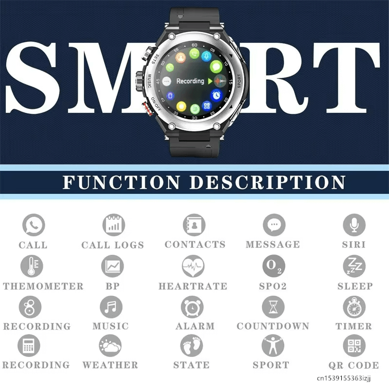 Smartwatch with Detachable Earbuds displaying multifunction icons including call, message, heart rate, and music features.