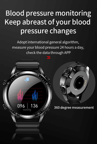 Smartwatch with blood pressure monitoring and 360-degree measurement feature displaying data on black background