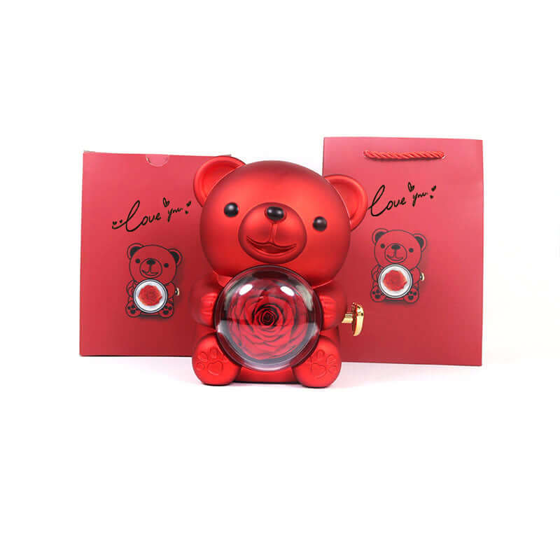 Everlasting Love: Eternal Rose Bear with Rotating Jewelry Box