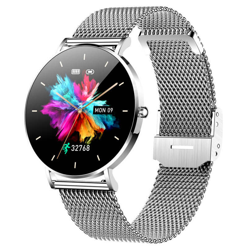 Sleek silver T8 Slim Smart Watch for women, featuring vibrant display and mesh band, offering style and health tracking with 7-day battery life