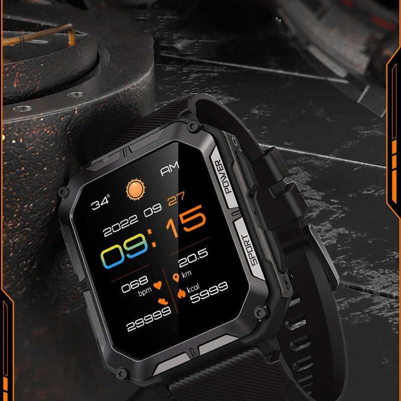 Sport Smart Watch with Bluetooth calling and fitness tracking, showcasing digital display with date, time, and activity stats