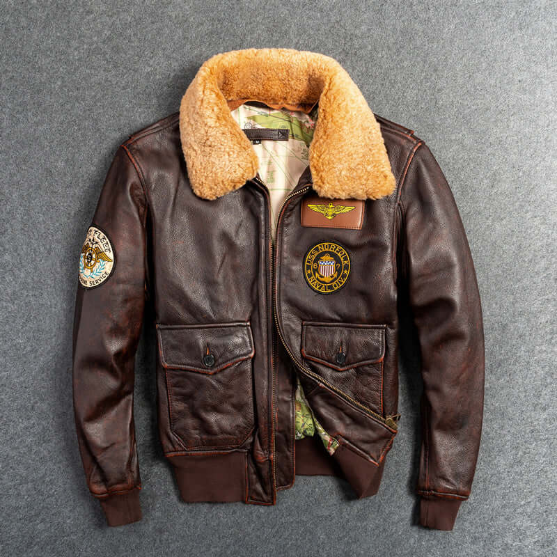 Men's genuine leather motorcycle jacket with detachable fur collar and classic lapel, featuring durable top layer cowhide and embroidered patches.