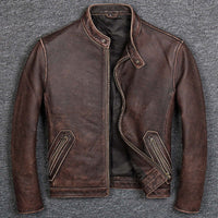 Real cow leather jacket with stand-up collar, zipper placket, and side seam pockets in retro brown color, perfect for stylish outfits.