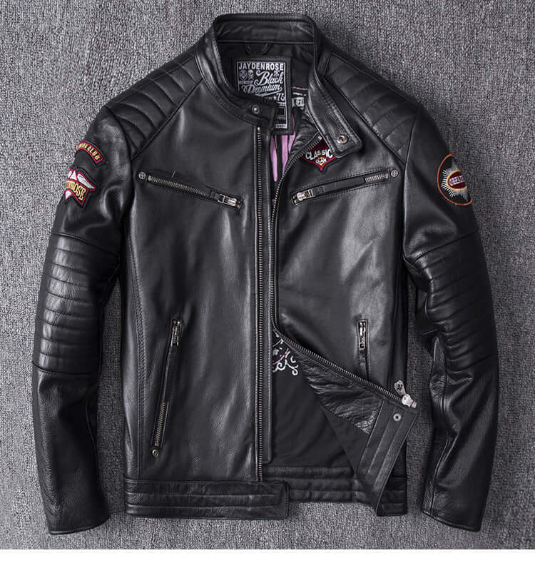 Men's stand collar motorcycle jacket coat, black genuine leather with skull pattern patches, European and American style, S-XXXXL sizes available