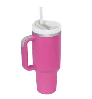 Pink 40oz insulated tumbler with handle and straw, high-grade stainless steel, keeps beverages hot or cold, sleek design.