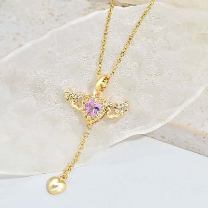 Moving Cupid Heart Angel Wings Tassel Necklace: Elegance & Love Take Flight