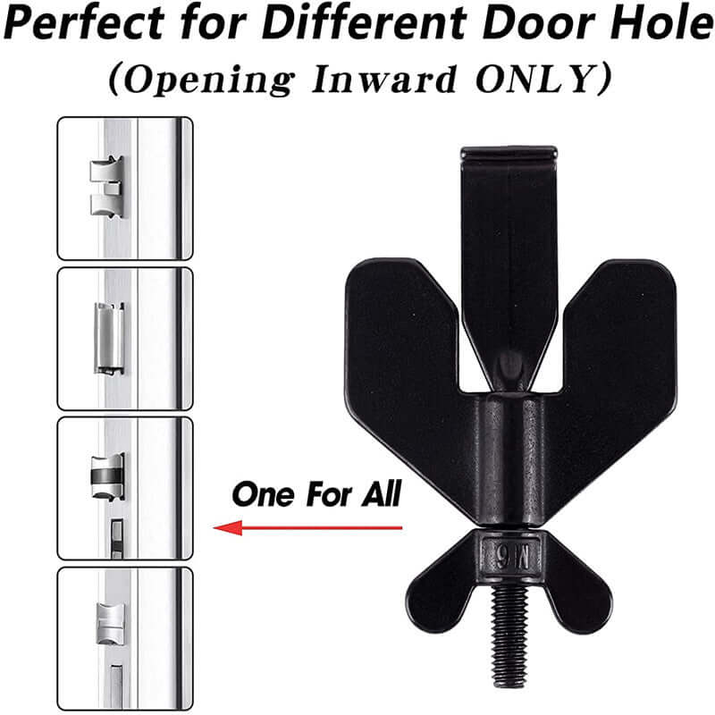 Universal portable hotel door lock for inward opening doors, featuring easy installation for different door hole sizes.