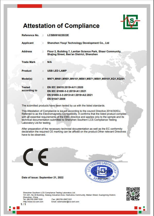 Attestation of Compliance certificate for USB LED lamp by Shenzhen Youyi Technology Development Co., Ltd. issued on September 21, 2022