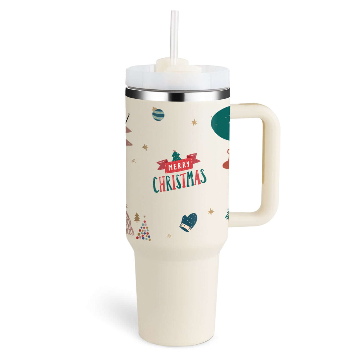 40oz insulated tumbler with handle and straw featuring a festive Merry Christmas design