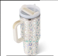 40oz insulated tumbler with handle and straw featuring a stylish leopard print design.