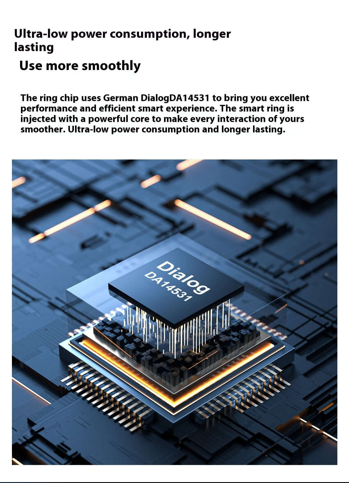 German Dialog DA14531 chip in the 2024 Smart Ring ensures ultra-low power consumption and efficient performance for smoother use.