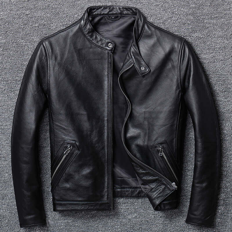 Black Real Cow Leather Jacket with Stand-Up Collar and Zipper