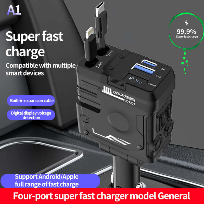 Four-in-One Retractable Car Charger: Super-Fast Charging, Multiple Ports