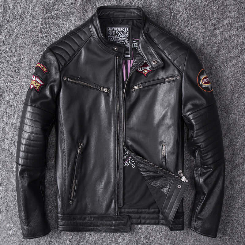 Men's stand collar black genuine leather motorcycle jacket with skull pattern and zipper pockets, available in multiple sizes.