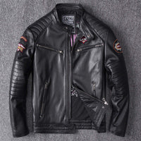 Men's stand collar black genuine leather motorcycle jacket with skull pattern and zipper pockets, available in multiple sizes.