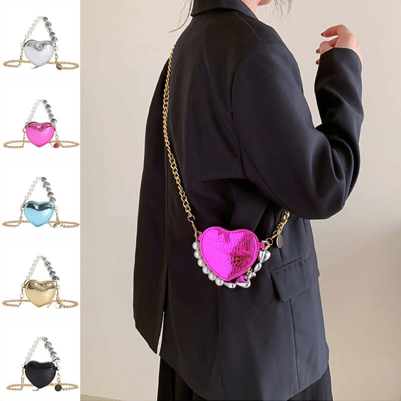 Woman wearing Mini Love-Shape Pearls Handbag in pink color with gold chain strap, shown in multiple colors.