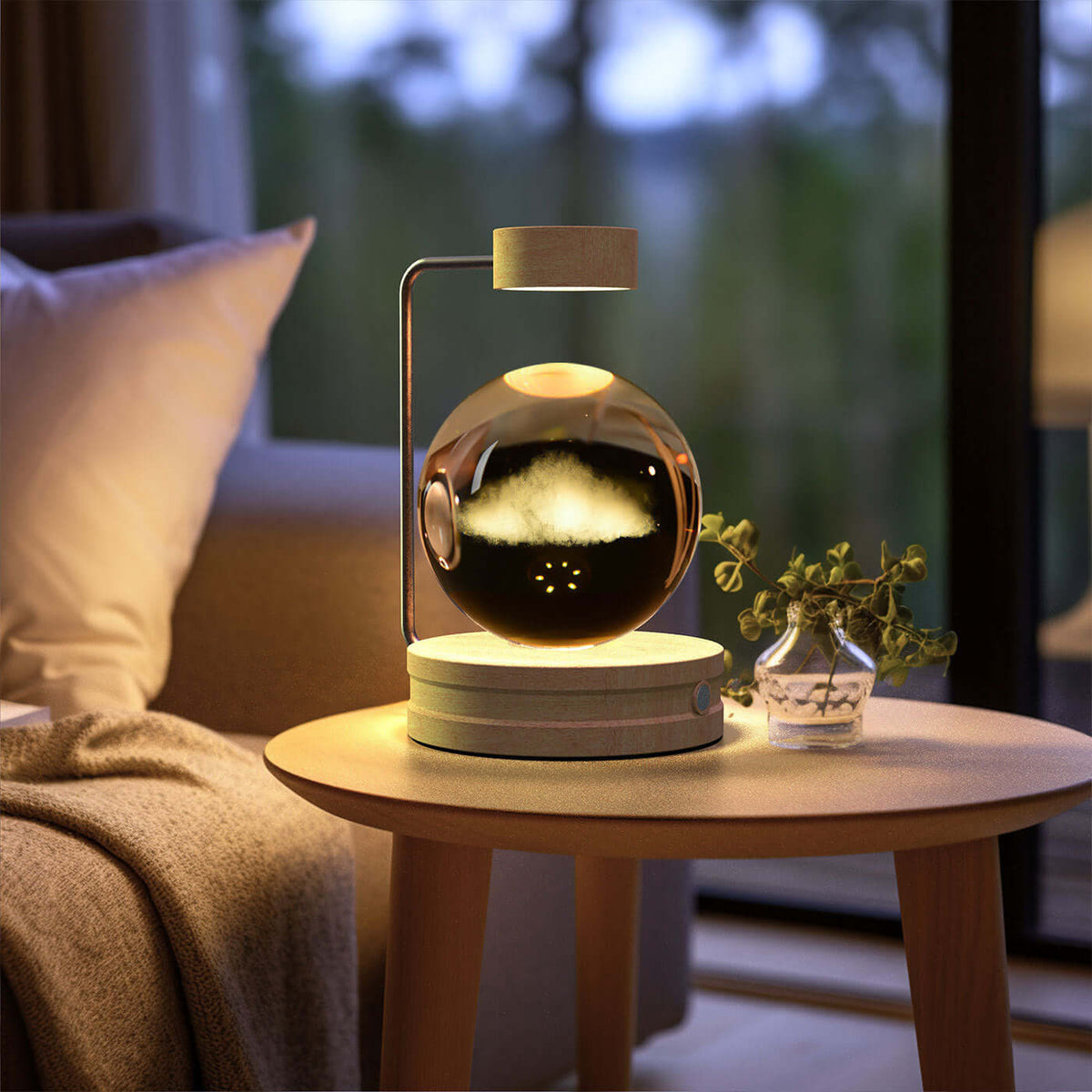 Crystal Ball Cosmic Dinosaur Indoor USB Night Light creating a warm atmosphere on bedside table.